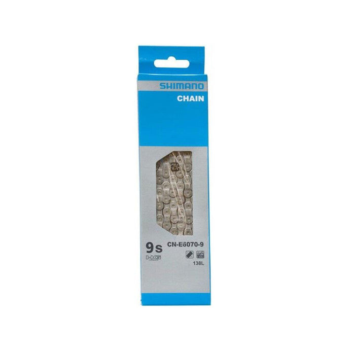 SHIMANO Chain CN-E6070 HG 9-speed 138L Silver for e-bikes in packaging.