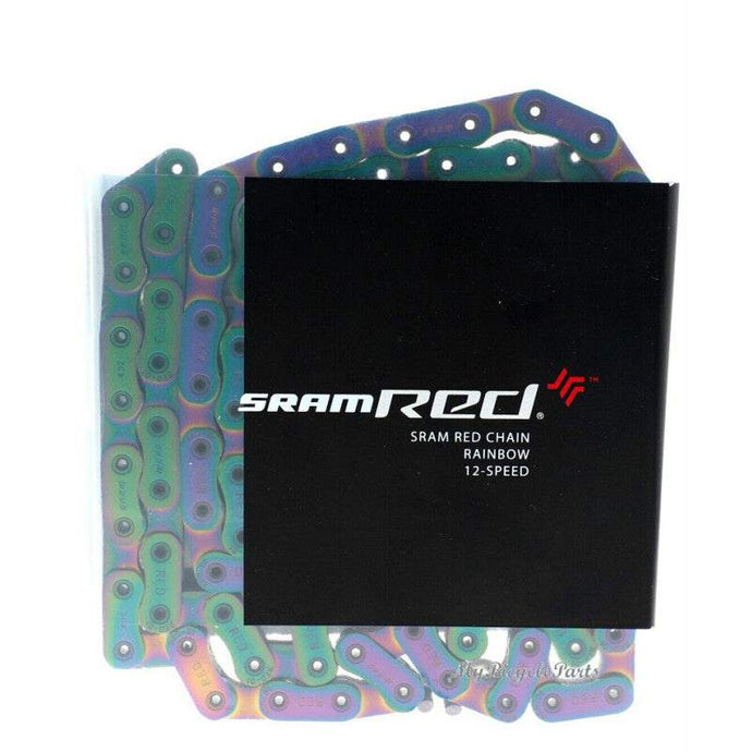 SRAM Chain RED 12-speed 120L Rainbow with colorful design and Flattop technology.
