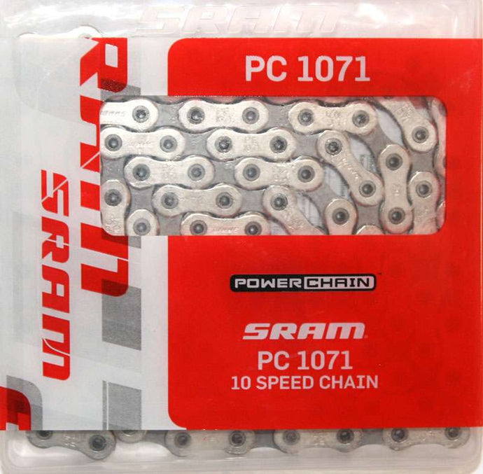 SRAM Chain Force PC-1071 10-speed 114L Silver in packaging showcasing PowerChain technology.
