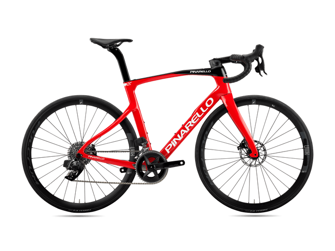 PINARELLO X7 Red bike with carbon T600 UD frame, asymmetric design, and Onda fork for comfort and performance.