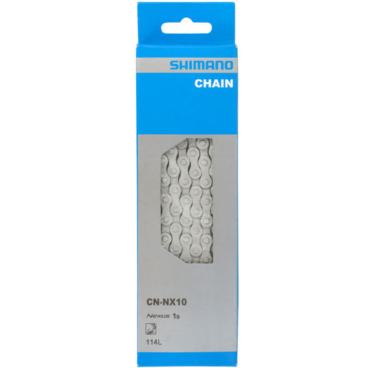 SHIMANO Chain Nexus CN-NX10 114L 1-speed packaging, corrosion-resistant singlespeed chain for Nexus gear hubs.