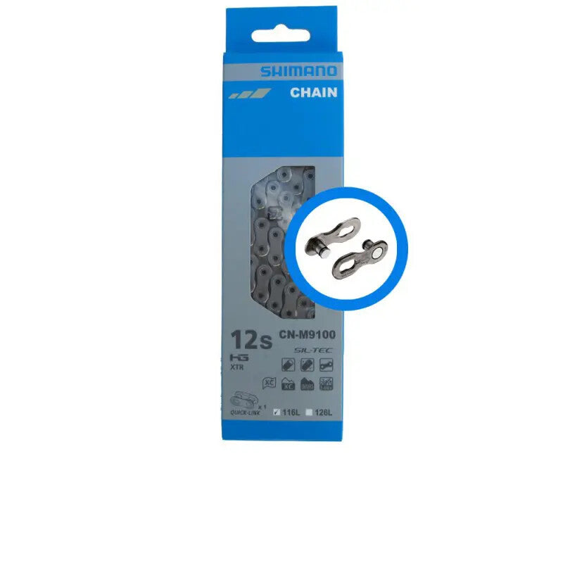 Load image into Gallery viewer, SHIMANO Chain XTR CN-M9100 12-speed 116L with Quicklink packaging and link illustration.
