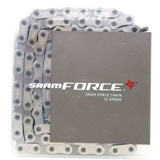 SRAM Force Chain 12-speed 120L with Flattop technology for quieter and stronger performance.