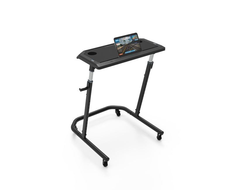 Load image into Gallery viewer, Adjustable Wahoo Kickr Desk with tablet, ideal for cycling and multitasking.
