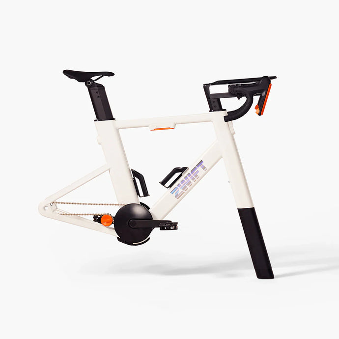 ZWIFT Bike Ride Smart Frame with built-in handlebar controllers, shown in white, for indoor cycling.