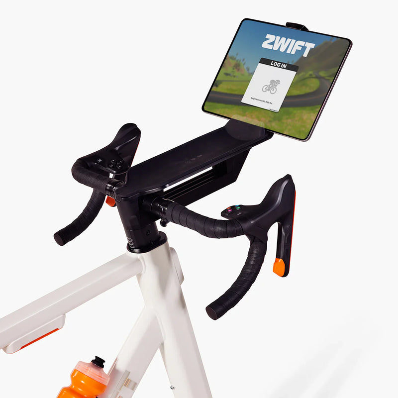 Load image into Gallery viewer, Zwift Ride Tablet Holder attached to a bike, displaying a tablet with the Zwift app.
